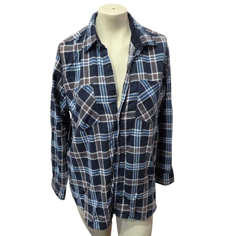 Haband Plaid Flannel Shirt Women Small Blue Gray Button Front Pocket Casual